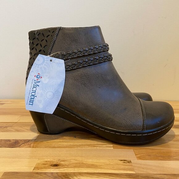 Ankle Boots In Gray With Braided Detail 7.5 Vegan leather wedges heeled Microban - Picture 3 of 16